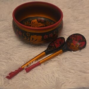 Vintage Russian Hand-Painted, Lacquered, Wooden Bowl and Spoon Set
